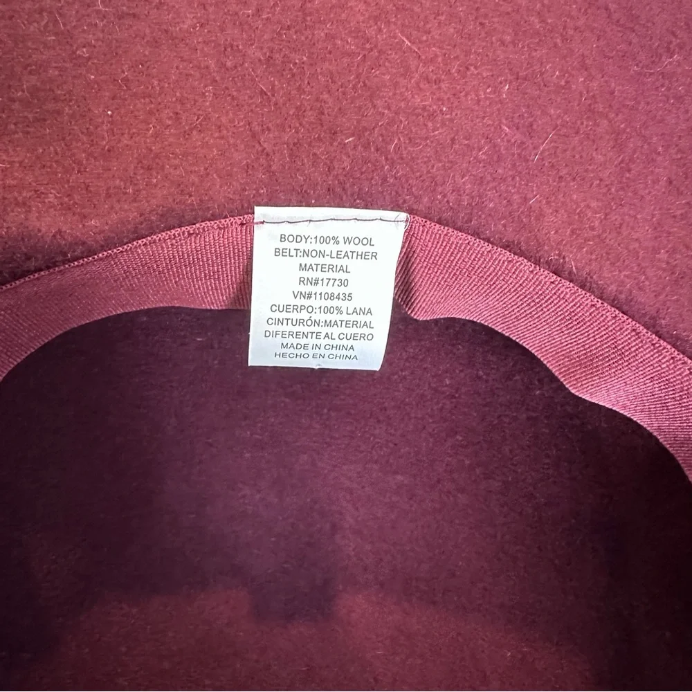 100% Wool Wide Brim Burgundy Wine Red Target Round Floppy Hat Thin Black Belt